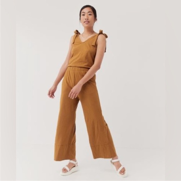 Pact Organic Wide Leg Jumpsuit Tie Shoulder Mustard Size Small - Picture 1 of 7